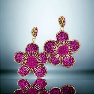 Fuchsia Beaded Floral Statement Earrings – Gold & Pink Embellished Design